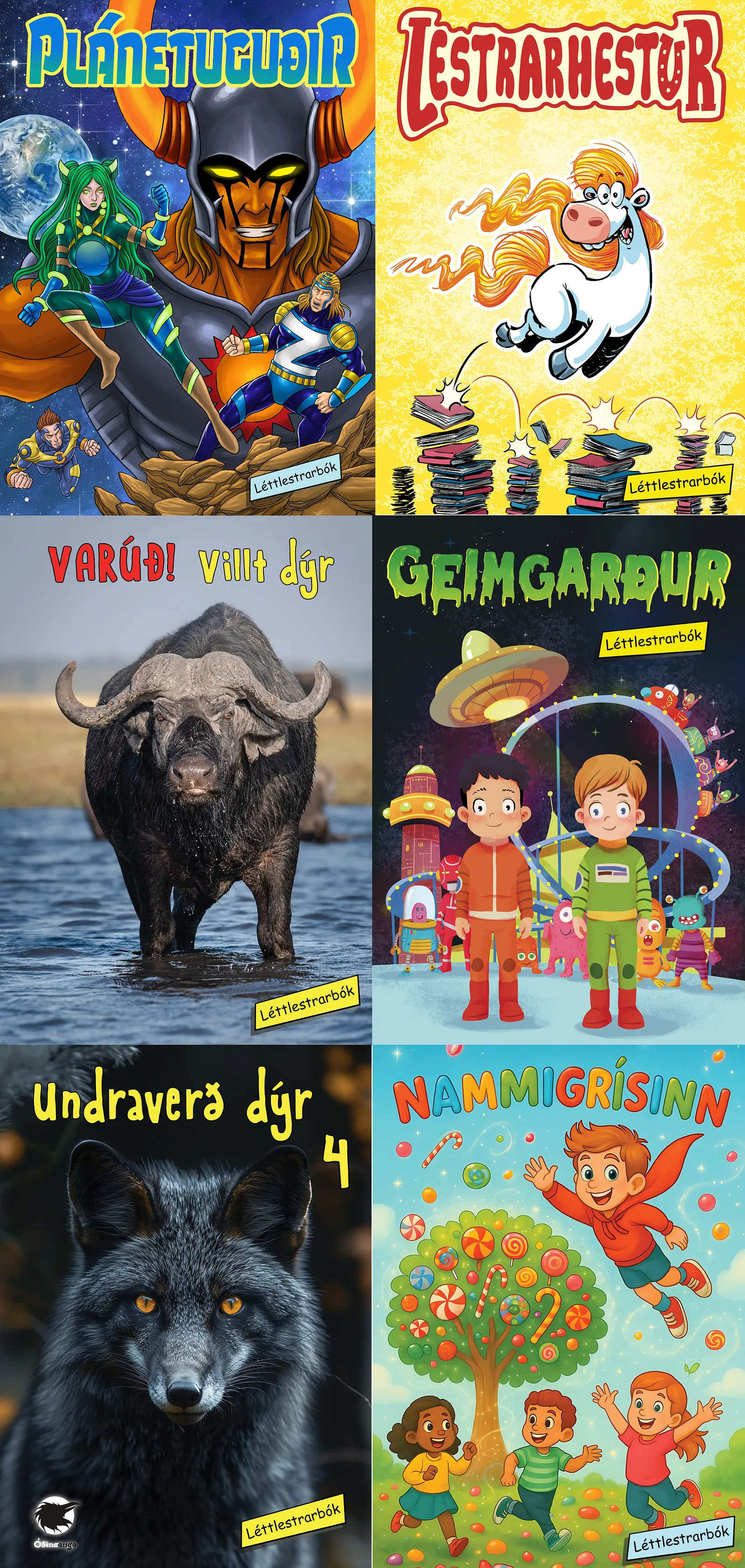 Bókakápa: Léttlestrarbækur Geimgarður, Lestrarhestur, Nammigrísinn, Plánetuguðir, Undraverð dýr og Varúð! villt dýr 